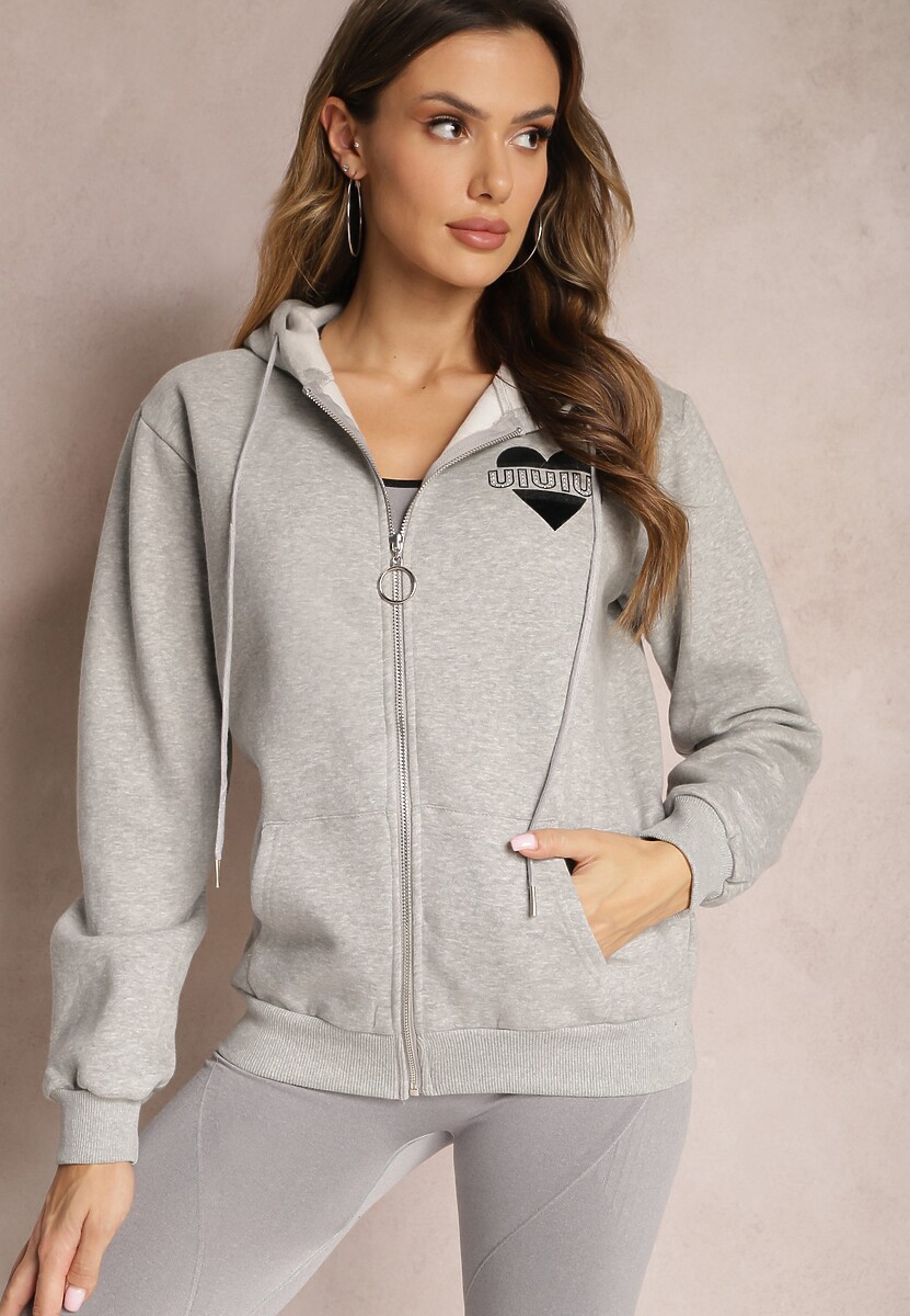 Szara Dzianinowa Bluza na Suwak z Kapturem Heliozze