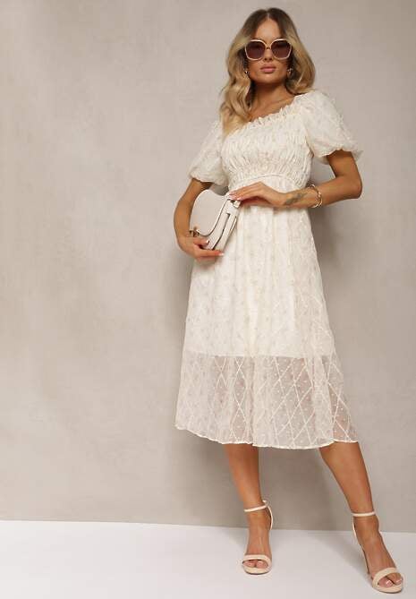 Beżowo-Różowa Sukienka z Marszczonym Dekoltem o Rozkloszowanym Kroju z Bufiastymi Rękawami Vikirrena