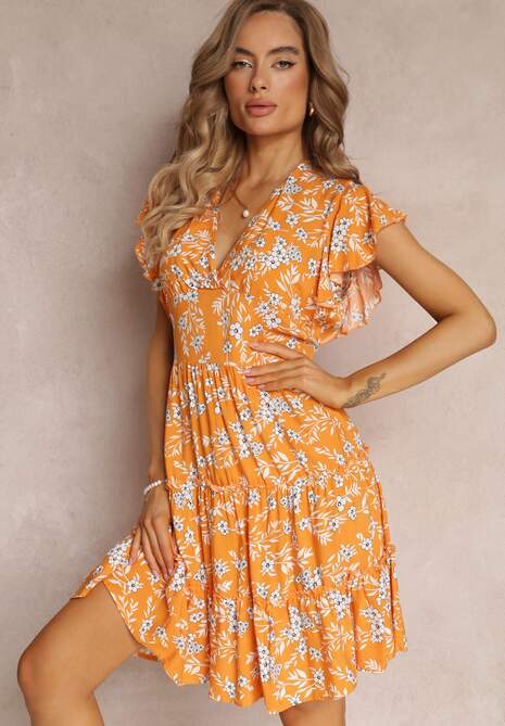 Pomarańczowa Rozkloszowana Sukienka z Wiskozy i Falbankami Brindisi
