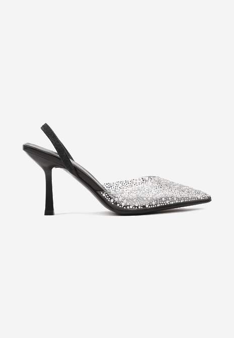 Czarne Szpilki z Odkrytą Piętą Transparentną Cholewką I Cyrkoniami Arstaria