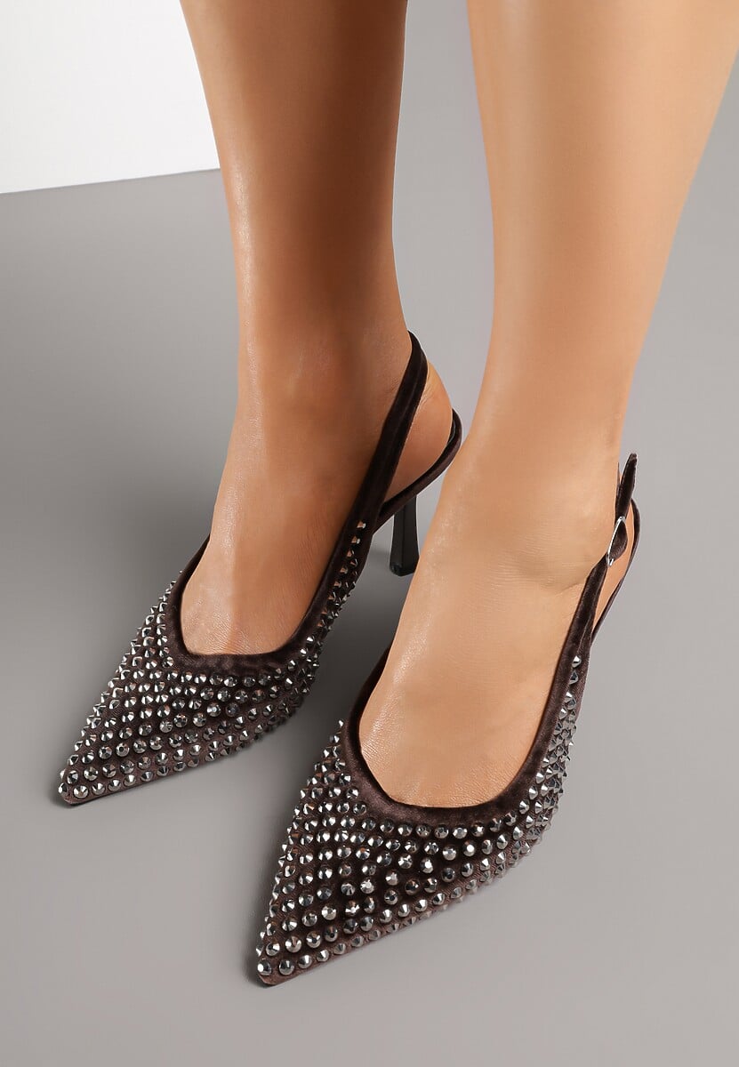 Brązowe Szpilki Slingback Ozdobione Cyrkoniami Benikke