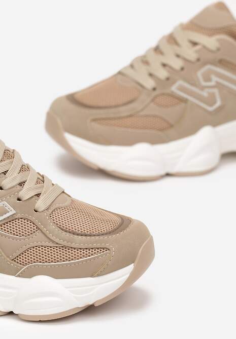 Ciemnobeżowe Sneakersy przed Kostkę na Grubej Podeszwie Ahana