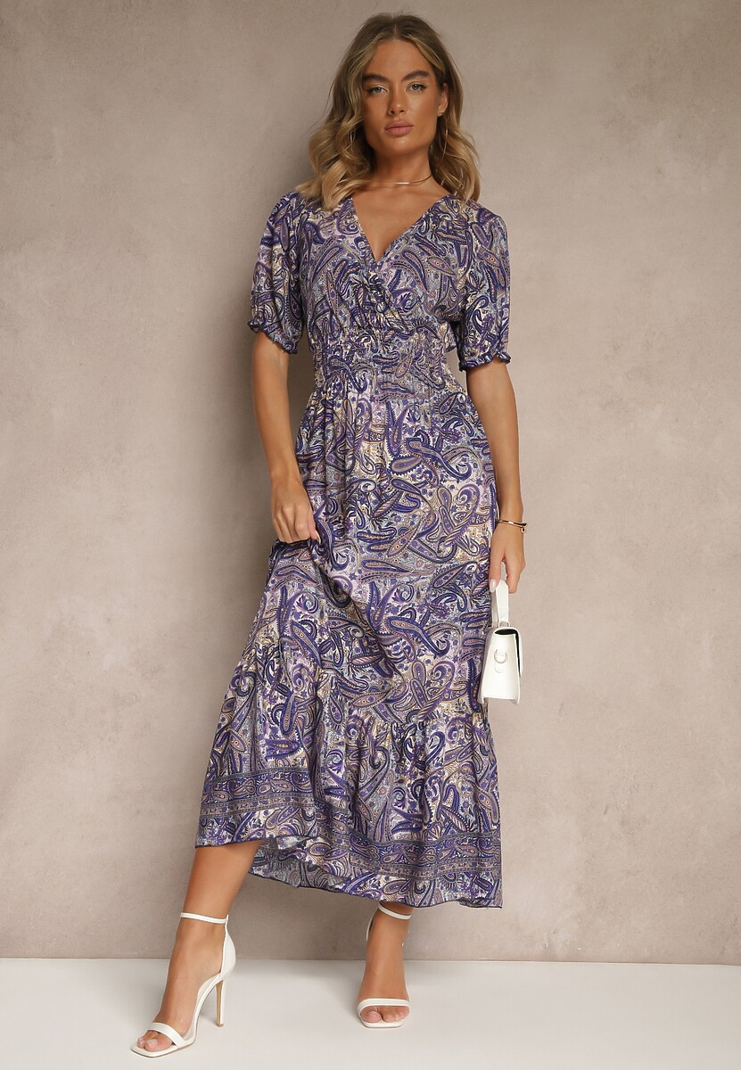 Fioletowa Rozkloszowana Sukienka z Bawełny Zdobiona Wzorem Paisley Folitea