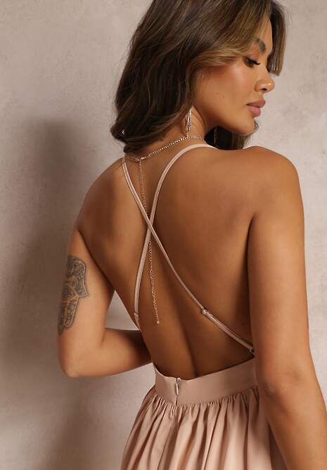 Beżowa Rozkloszowana Sukienka Maxi na Ramiączkach z Trójkątnym Dekoltem Claudi