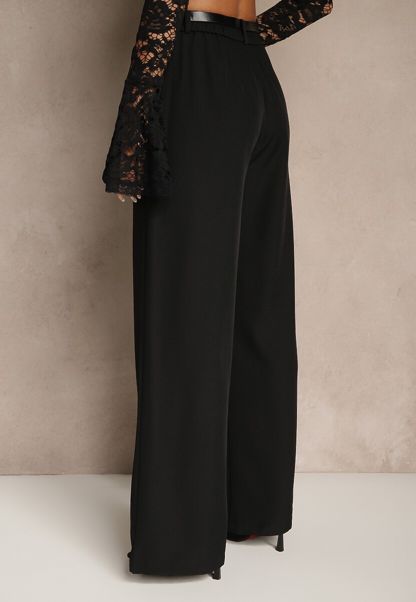 Czarne Szerokie Spodnie Garniturowe Ozdobione Paskiem Cirrive