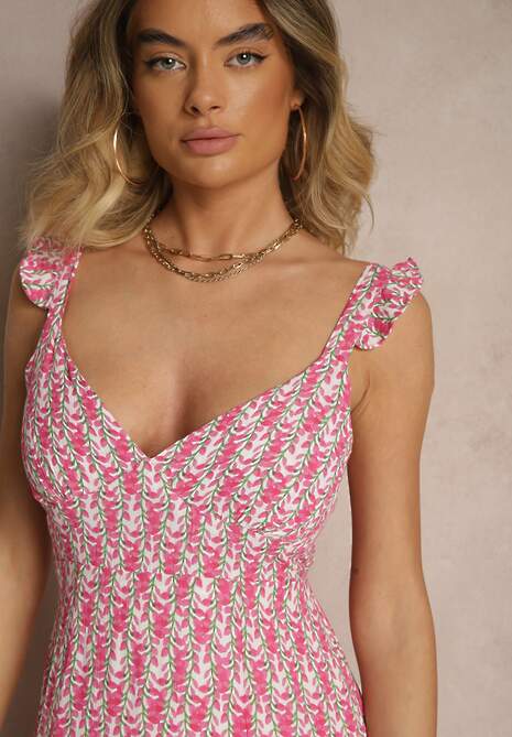 Fuksjowa Sukienka z Wiskozy z Falbankami w Kwiatowy Wzór Redeine