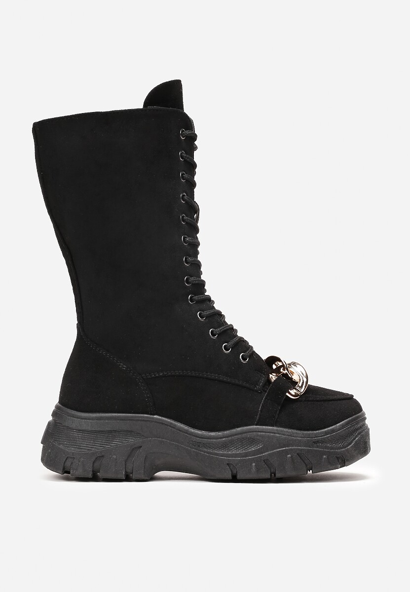 Czarne Sznurowane Botki na Platformie z Ozdobnym Łańcuchem Duova