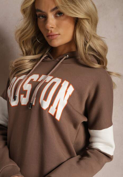 Brązowa Bawełniana Bluza z Kapturem w Amerykańskim Stylu z Napisem i Polarem Iocaste