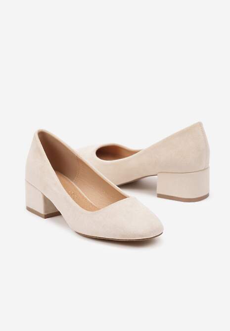 Beżowe Czółenka na Słupku ze Skórzaną Wkładką Savirae