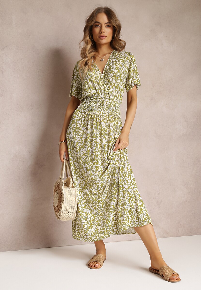 Jasnozielona Rozkloszowana Sukienka Maxi w Kwiaty z Gumką w Pasie Aeyana