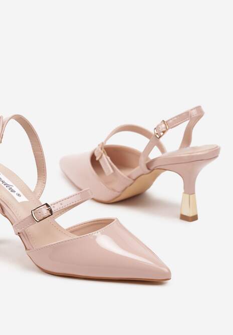 Beżowe Szpilki Slingback Ozdobione Paskami i Metaliczną Wstawką Villexia