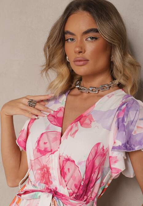 Fuksjowa Kopertowa Sukienka z Wiązanym Paskiem w Kwiatowy Wzór Redellira