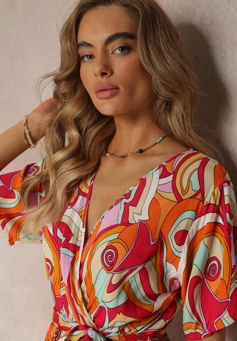 Pomarańczowa Wzorzysta Sukienka Midi z Gumką w Talii z Wiskozy Angelett