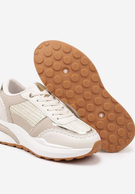 Beżowe Sneakersy na Platformie ze Wstawkami z Plecionki Ninatia