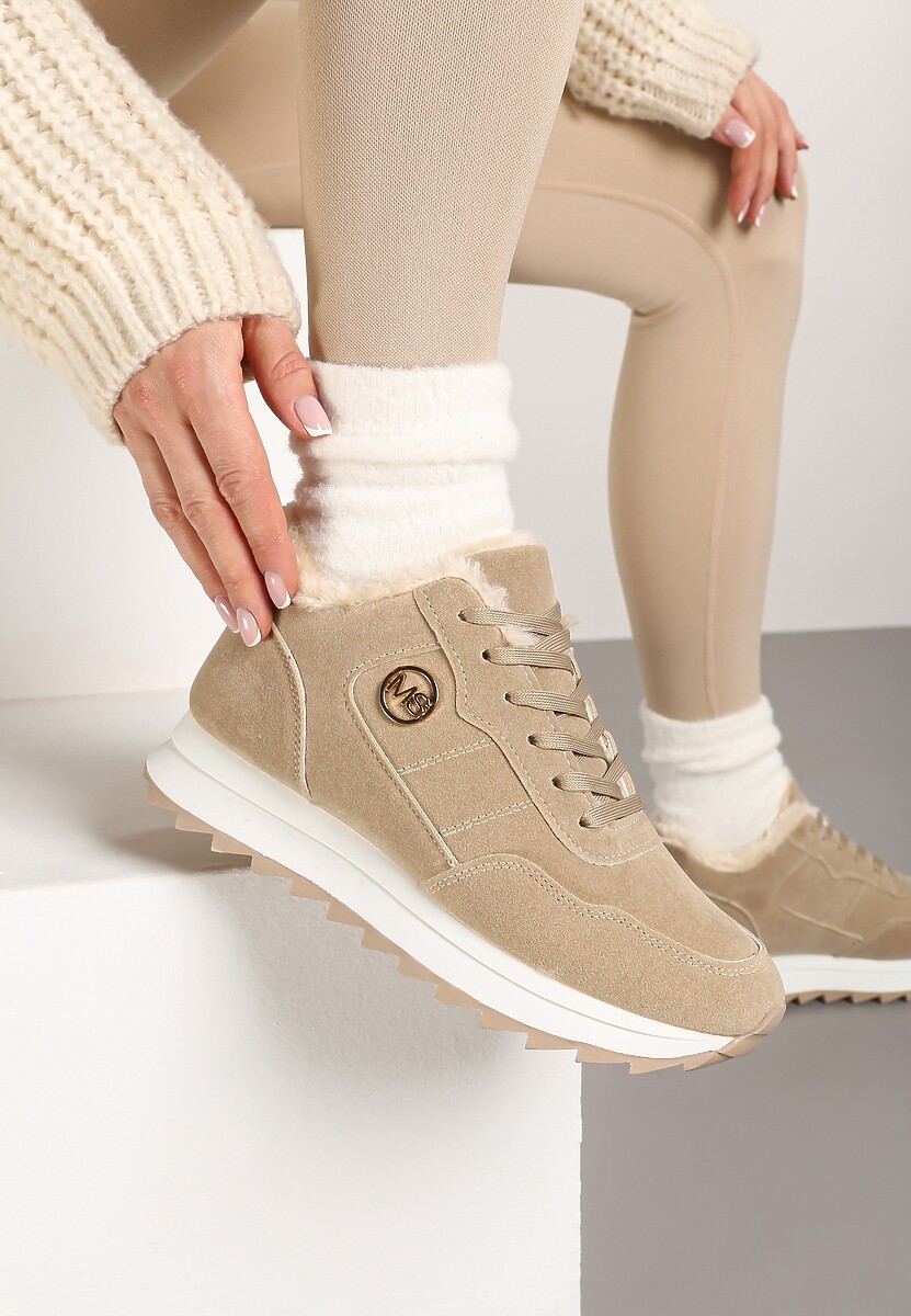 Ciemnobeżowe Ocieplane Sneakersy na Platformie Appopis