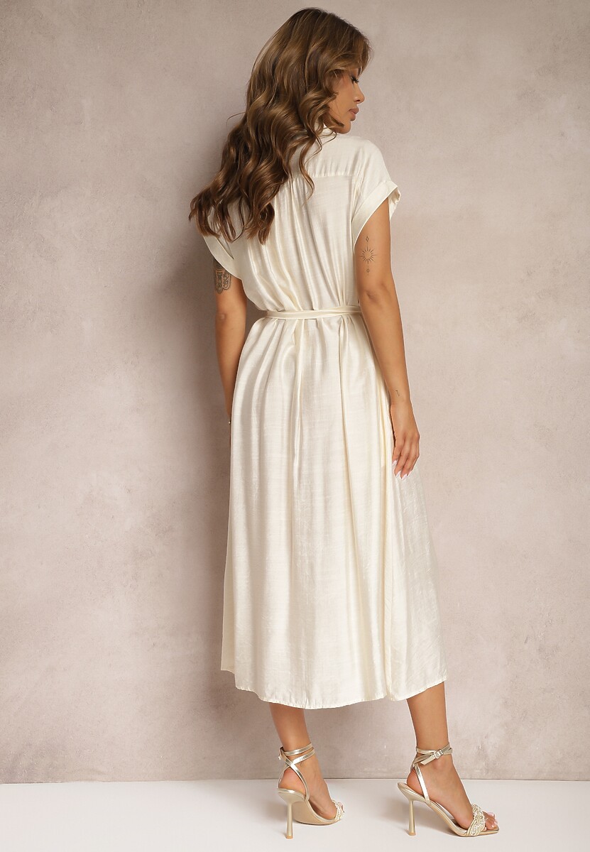 Beżowa Rozkloszowana Sukienka o Koszulowym Kroju Ozdobiona Paskiem w Talii i Guzikami Rosofia