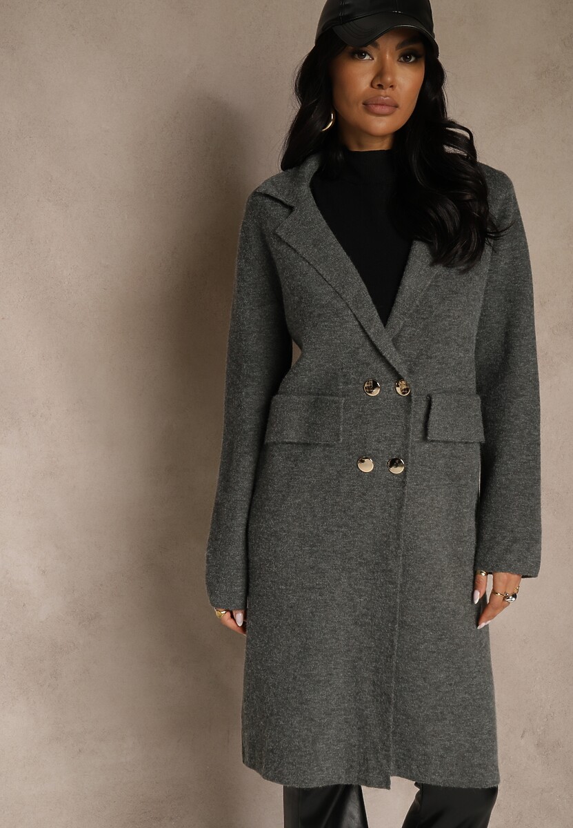 Czarny Płaszcz Dwurzędowy o Długim Kroju w Eleganckim Stylu Saratusa