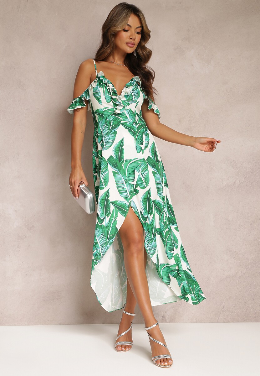 Zielona Sukienka z Opadającą Falbanką na Ramiona i Kopertowym Dołem Xandetria