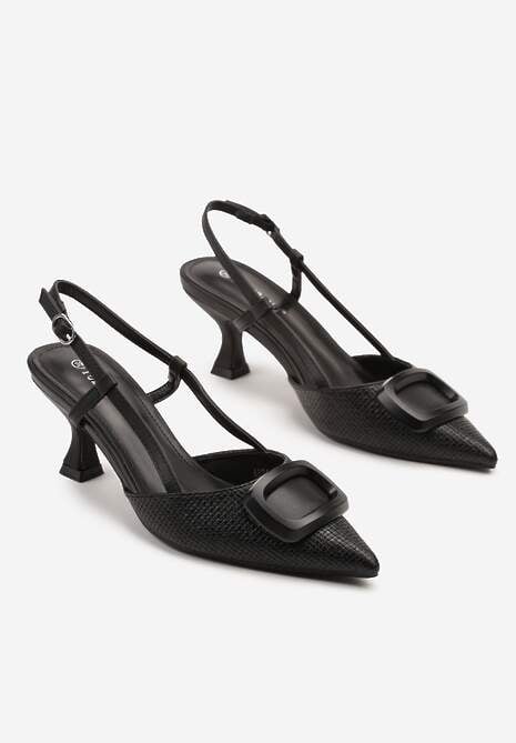 Czarne Sandały Tweedowe na Kaczuszce Slingback Ozdobione Aplikacją Rosaviela