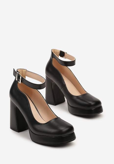 Czarne Czółenka na Stożkowym Słupku i Ozdobnym Paskiem Firirya