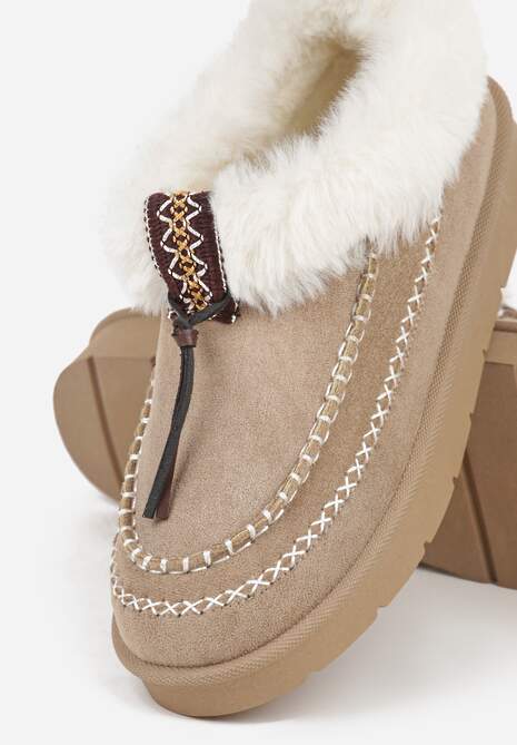 Ciemnobeżowe Śniegowce na Platformie Ozdobione Haftem i Futerkiem Linedis