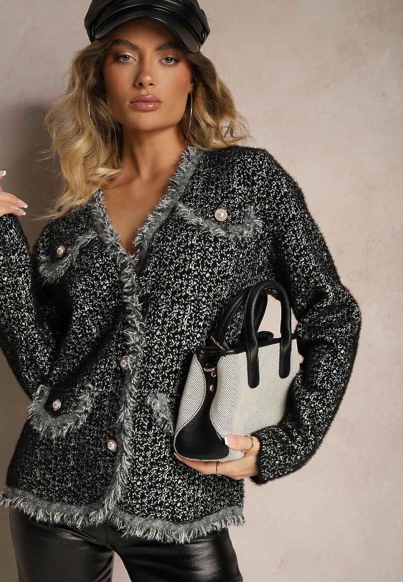 Czarny Rozpinany Kardigan z Wiskozą Ozdobiony Frędzlami i Metaliczną Nitką Fezirae