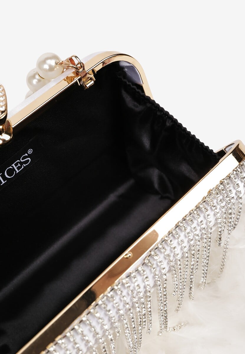 Srebrna Torebka Kopertówka Vices z Łańcuszkiem Zdobiona Piórami i Perłami Fessoria