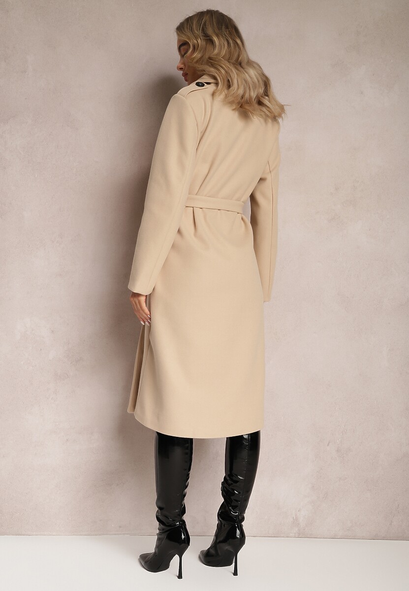 Jasnobeżowy Taliowany Płaszcz z Wiązanym Paskiem Seraphique