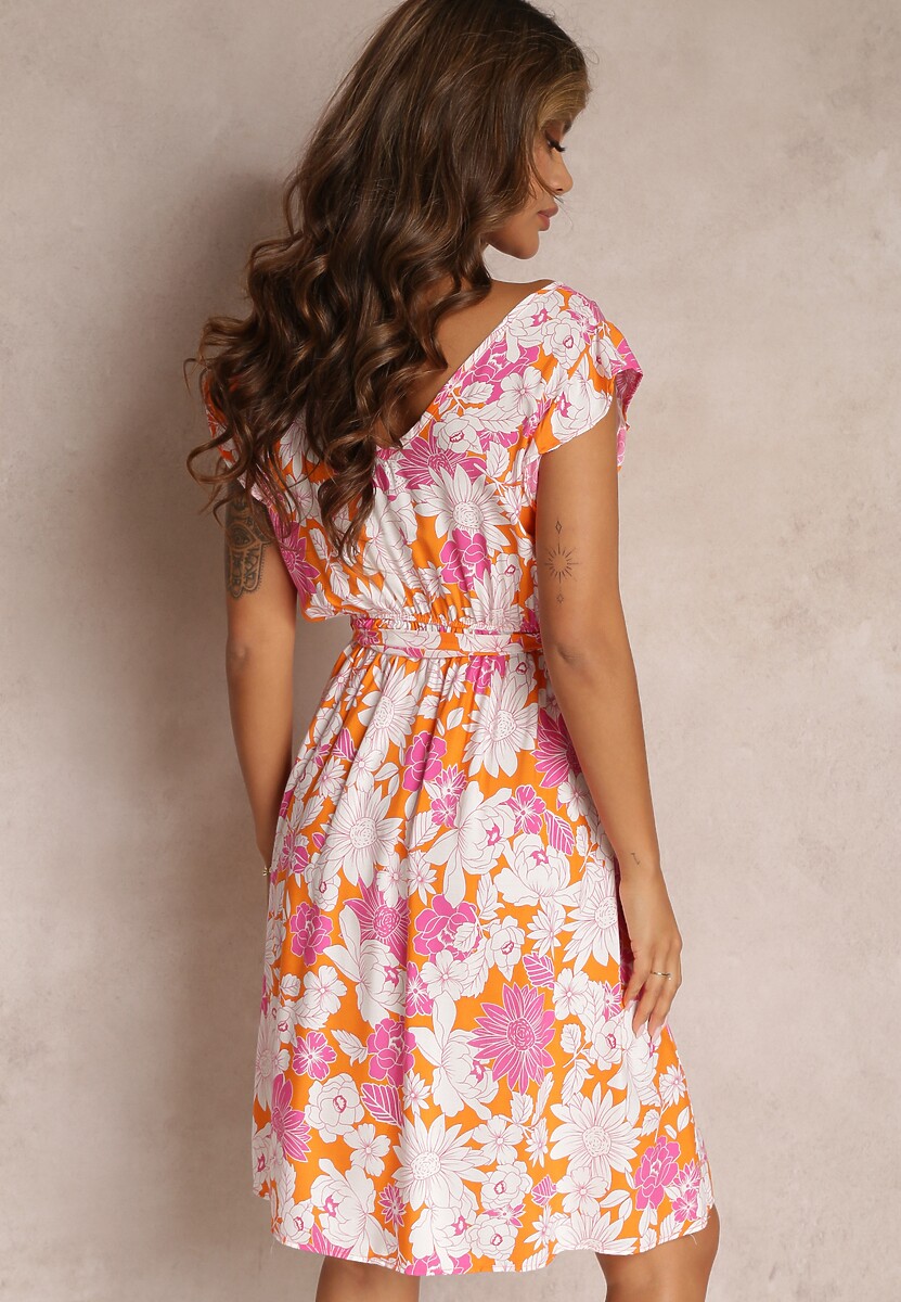 Pomarańczowa Rozkloszowana Sukienka z Wiskozy i Wiązanym Paskiem Anzio