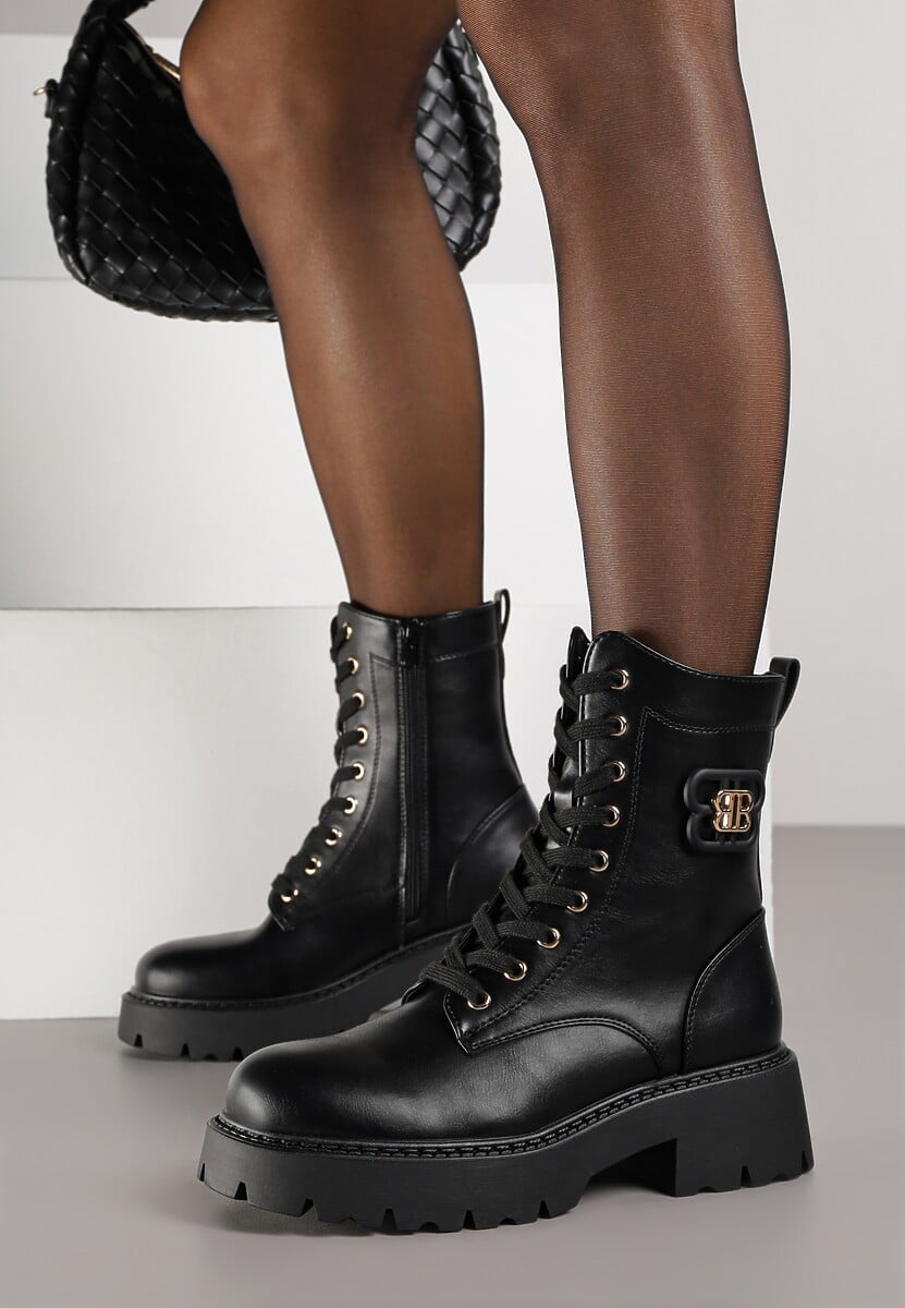 Czarne Botki Workery VICES z Metalicznym Zdobieniem na Cholewce Cevea