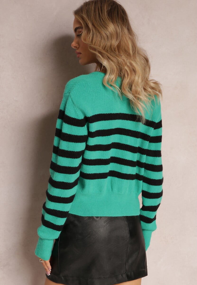 Zielony Luźny Krótki Kardigan Zapinany na Guziki w Paski Abburra