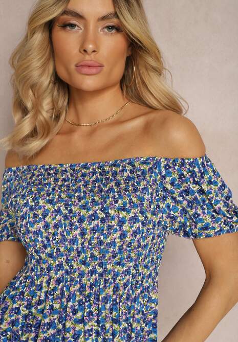 Granatowa Sukienka Typu Hiszpanka z Wiskozy z Gumkami w Talii Wiariana