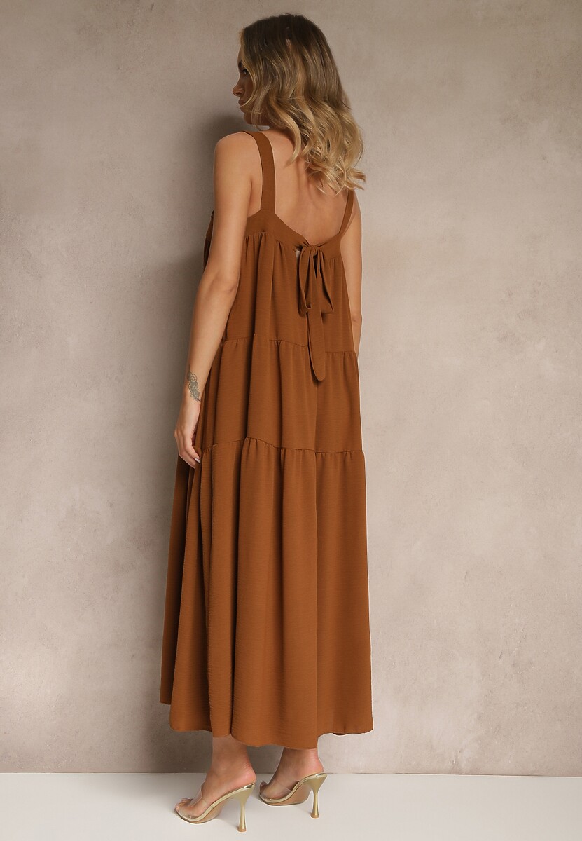 Brązowa Rozkloszowana Sukienka Ozdobiona Wiązaniem na Plecach Saviande