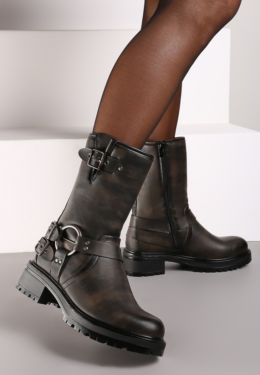 Srebrne Botki Bikery na Płaskiej Podeszwie z Klamrami Erissiana