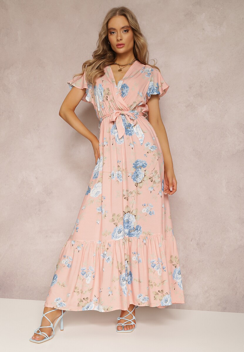 Jasnoróżowa Sukienka w Kwiaty o Kopertowym Kroju z Wiązanym Paskiem Iphene