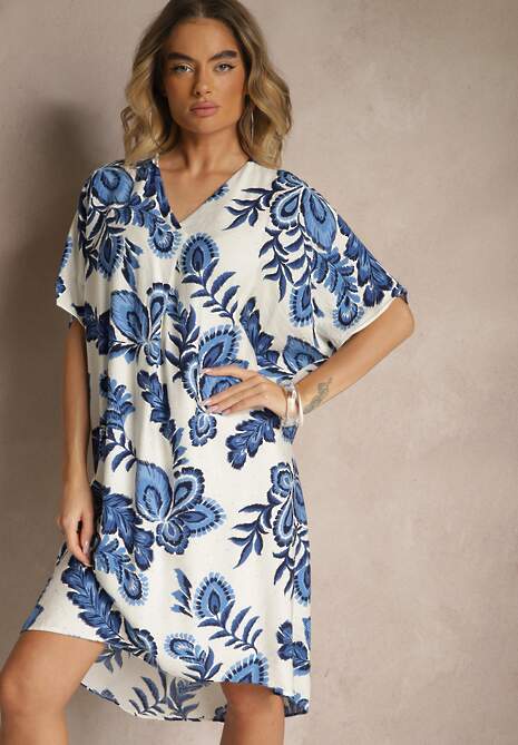 Niebieska Sukienka z Wiskozą Lnem i Cyrkoniami Sadevore