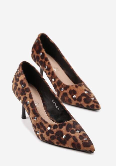 Panterkowe Czółenka Vices na Szpilce z Wkładką ze Skóry Naturalnej z Klamrą i Ćwiekami Riloria