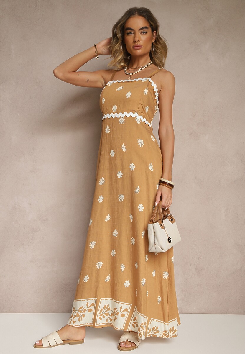 Brązowa Sukienka z Wiskozy Ozdobiona Geometrycznym Motywem Lunessa