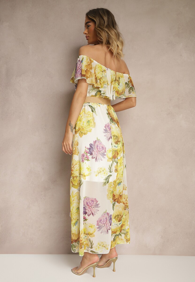 Żółta Sukienka Hiszpanka z Kwiatowym Wzorem i Plecionym Paskiem Sadeene