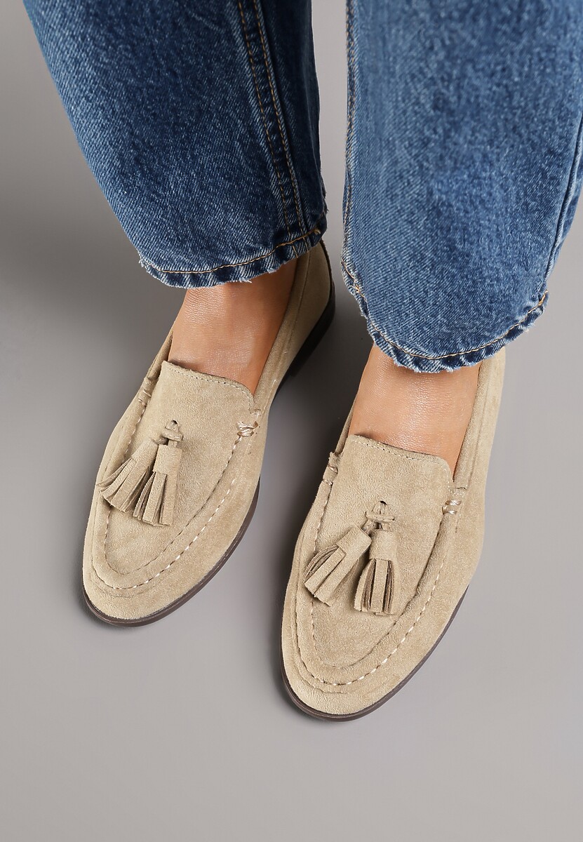 Ciemnobeżowe Mokasyny z Imitacji Zamszu z Aplikacją z Frędzlami Nalonissa