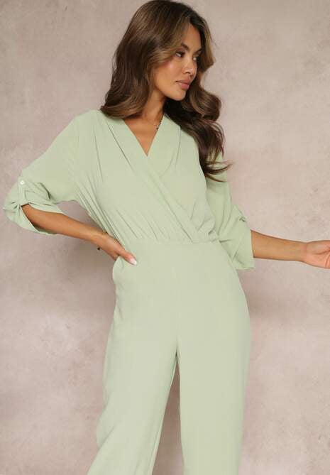Zielony Długi Kombinezon z Marszczeniem i Kopertowym Dekoltem Jonitta