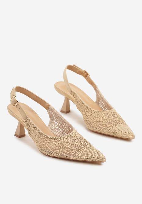 Ciemnobeżowe Haftowane Sandały Vices na Szpilce Typu Slingback Atesia