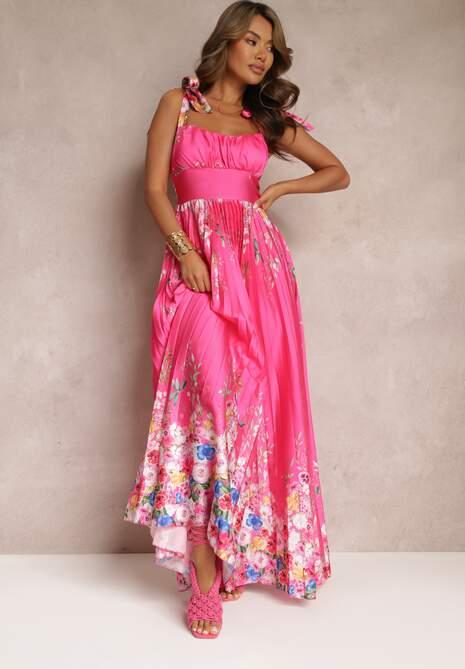Fuksjowa Plisowana Sukienka Maxi na Wiązanych Ramiączkach Ullita