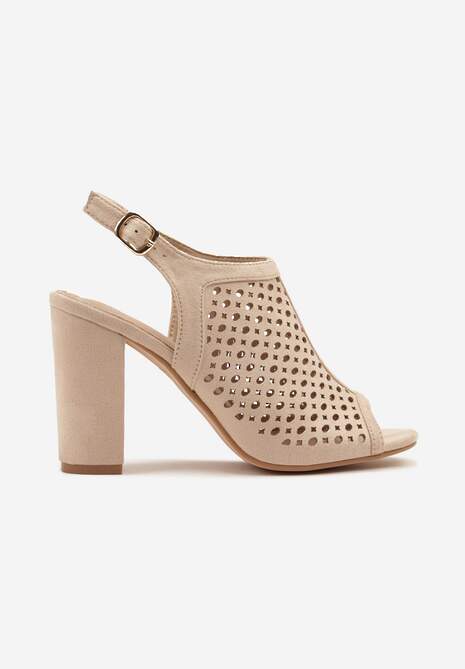 Beżowe Sandały na Słupku z Ażurową Cholewką i  Skórzaną Wkładką Linalira