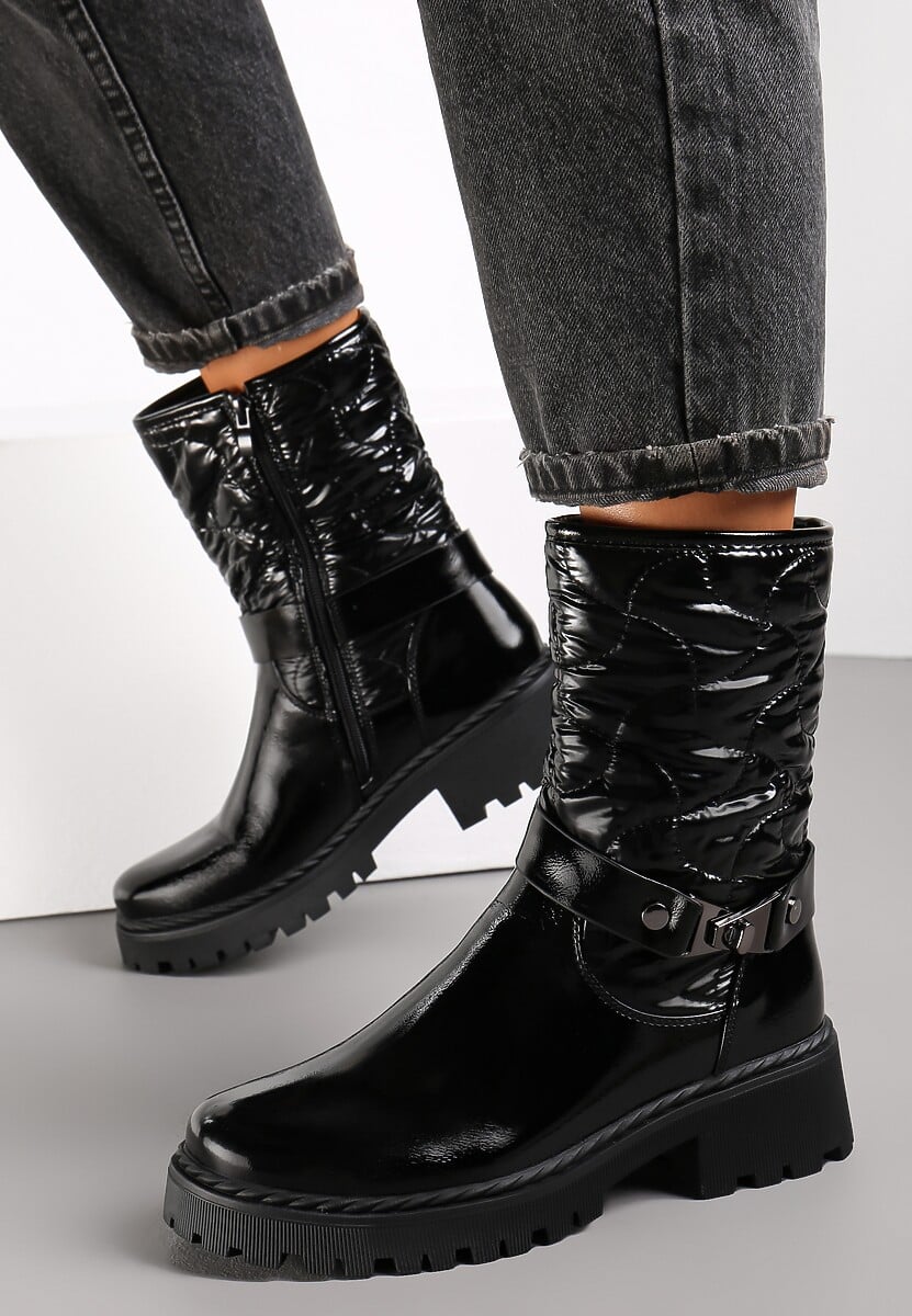 Czarne Botki Lakierowane z Pikowaną Cholewką Dilfe