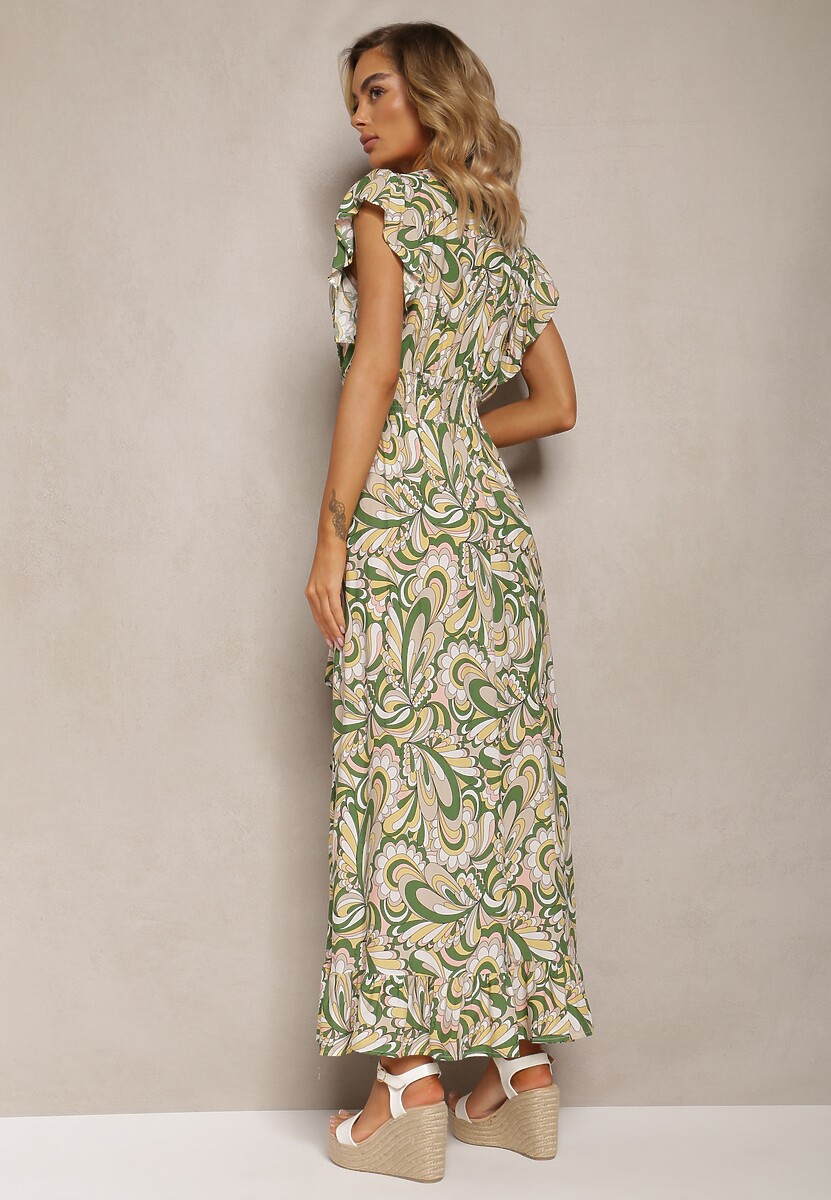 Ciemnozielona Sukienka Boho z Gumką w Pasie i Asymetrycznym Dołem z Wiskozy Anorissa