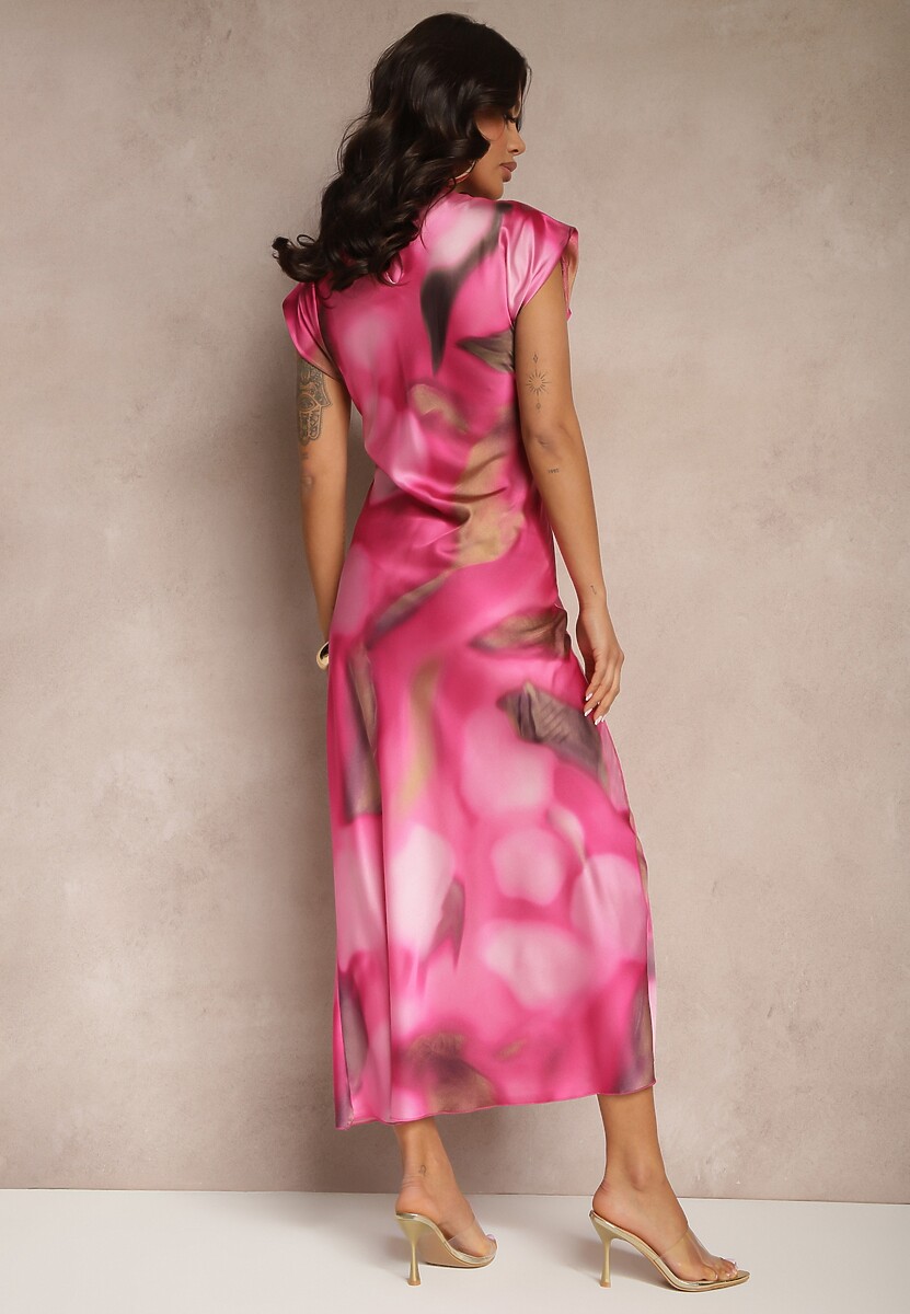 Różowa Sukienka o Rozkloszowanym Kroju z Marszczeniem w Abstrakcyjny Print Tilloreta