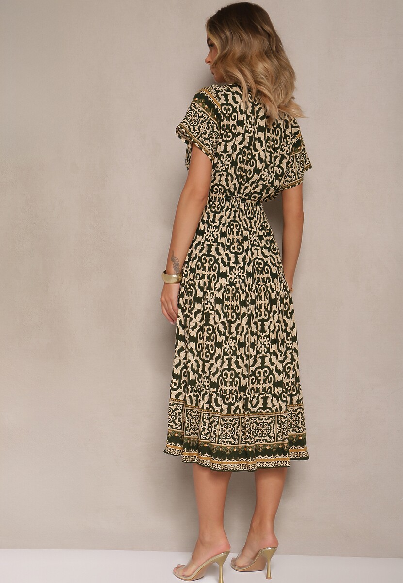 Zielono-Beżowa Sukienka z Bawełny Ozdobiona Ornamentnym Motywem Fillena
