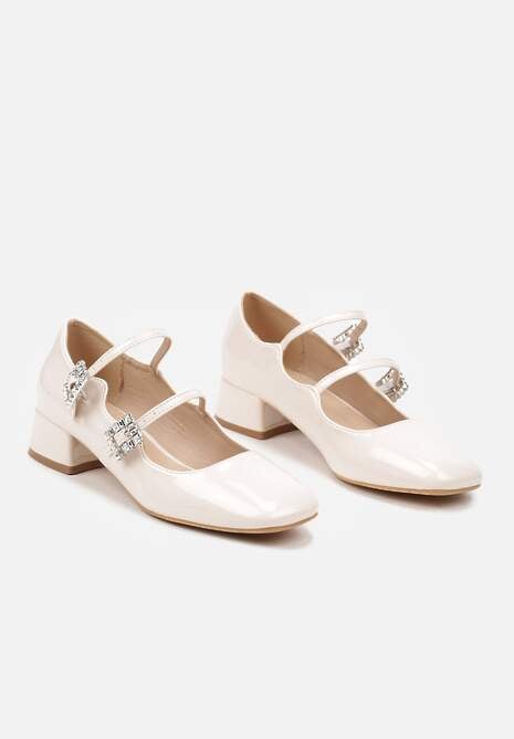 Beżowe Lakierowane Czółenka Wykończone Cyrkoniowymi Sprzączkami Jenaria