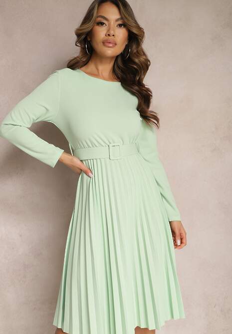 Zielona Plisowana Sukienka Midi z Paskiem w Talii Pailomena